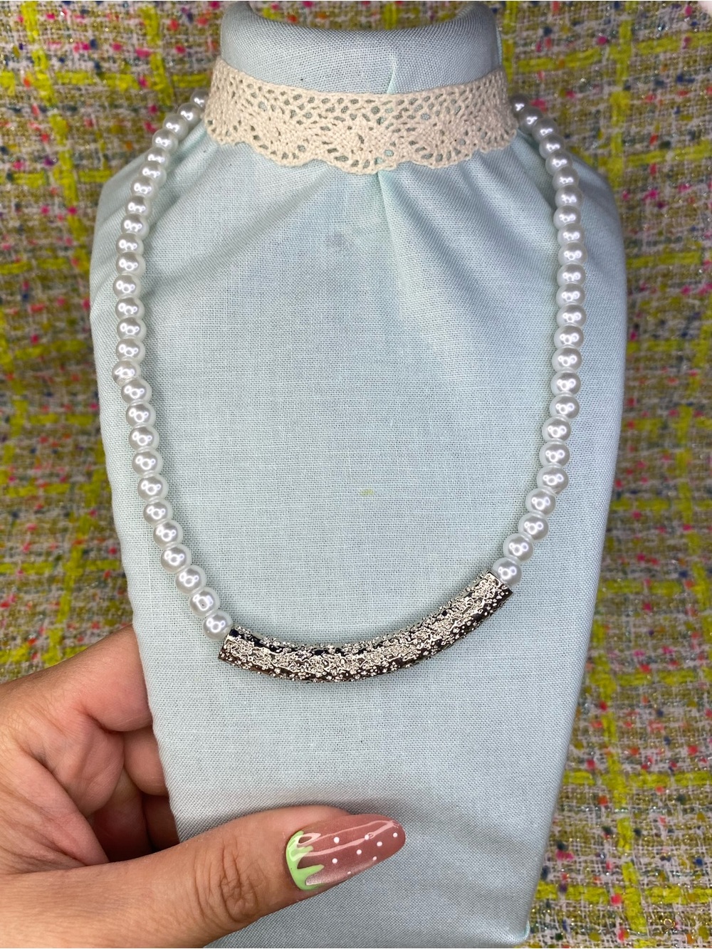 Pearl Necklace with Silver Crystal Accent - White